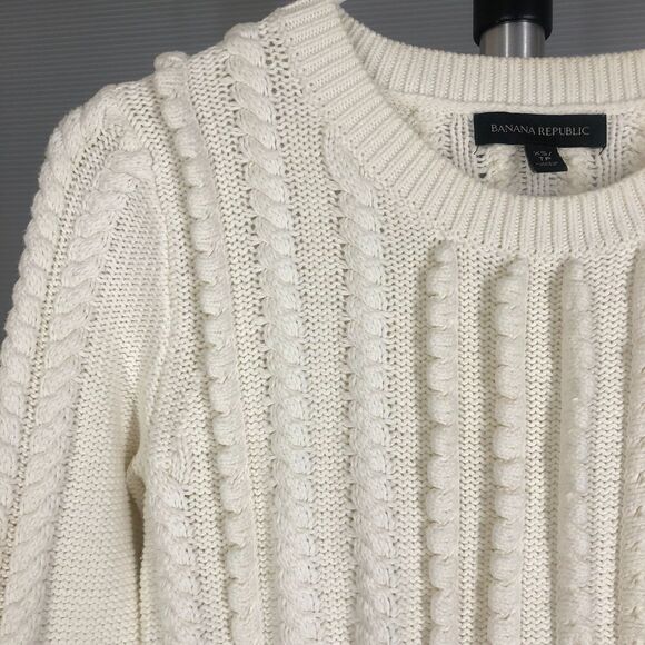 BANANA Republic‎ White Cable Knit Cocoon Stitch Sweater Sz XS - Picture 5 of 9